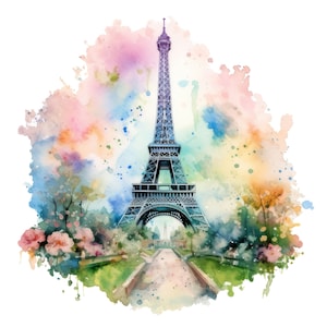 May include: Watercolor painting of the Eiffel Tower in Paris, France. The tower is a detailed blue structure set against a colorful, abstract background of pink, purple, blue, and yellow hues. Green grass and pink flowers frame the tower.