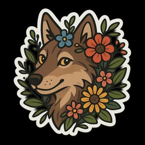 Niedlicher Wolf Sticker mit Blumenkranz – süßer Tieraufkleber Naturmotiv Wolf mit Blumen, niedliches Waldtier Laptop Aufkleber Geschenkidee