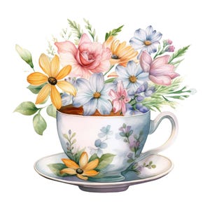 Adesivo per tazza da tè con fiori, adesivo acquerello con tazza floreale, adesivo da parete, adesivo per auto, decorazione, idea regalo per amanti del tè, fiori, amici, romanticismo