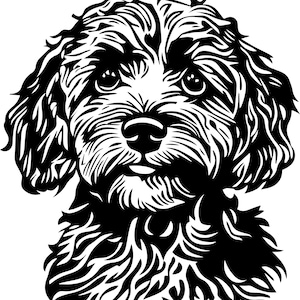 Op de afbeelding: Zwart-wit illustratie van een hondengezicht. De hond heeft een pluizige vacht, met gedetailleerde lijnen die de textuur van de vacht creëren. De ogen van de hond zijn groot en expressief, en de neus is zwart. De algehele stijl is een gedetailleerde lijntekening.