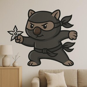Ninja Wombat Cartoon Wall Sticker Funny Animal Decal in Comic Style for Wall Motorhome Laptop Gift for Kids Animal Fans Humor Lovers