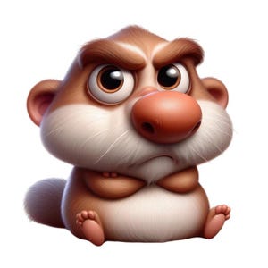 Puede incluir: Ilustración de dibujos animados de una criatura peluda y gruñona con pelaje marrón y blanco. Tiene una nariz grande, redonda y rosada, ojos grandes y los brazos cruzados. La criatura está sentada con las piernas cruzadas.