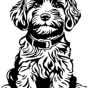 Op de afbeelding: Zwart-wit illustratie van een zittende hond met een halsband. De hond heeft een pluizige vacht en kijkt naar voren. De afbeelding is een grafisch ontwerp, geschikt voor diverse toepassingen.