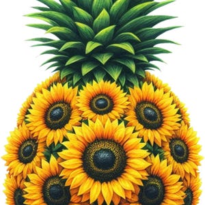 Op de afbeelding: Een levendige illustratie van een ananas samengesteld uit heldergele zonnebloemen. De bovenkant van de ananas heeft groene bladeren, terwijl het lichaam bestaat uit talrijke zonnebloemen met donkere centra, wat een uniek bloemendesign creëert.