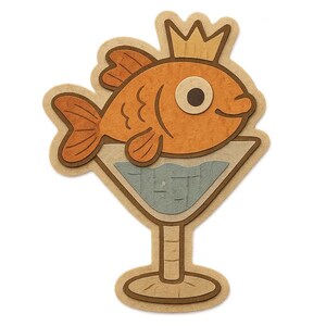 マティーニグラスに入った王冠をかぶった金魚 – 面白い漫画ステッカー – 耐候性 – 動物、パーティー、ユーモア好きへのギフト