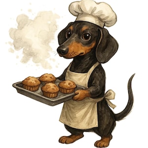 Könnte beinhalten: Aquarellillustration eines Dackelhundes als Bäcker, mit Kochmütze und Schürze. Der Hund hält ein Tablett mit frisch gebackenen Muffins. Eine Dampfwolke steigt vom Tablett auf, was darauf hindeutet, dass die Muffins warm sind.