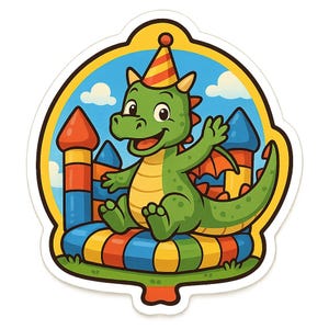 Adesivi a forma di drago su castello gonfiabile con cappello da festa, adesivi a forma di fumetto per bambini fantasy, amici di compleanno e appassionati di divertimento volante