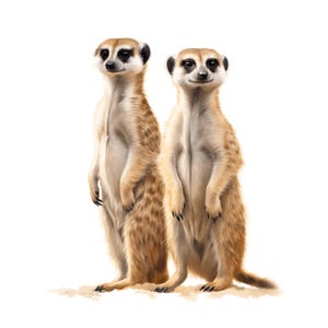 May include: Two meerkat illustrations stand upright, facing forward. The meerkats have tan fur with darker markings on their backs and black markings around their eyes and ears. They are set against a white background.