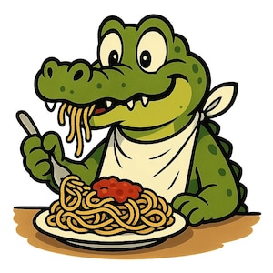 May include: A cartoon illustration of a green alligator wearing a bib and eating spaghetti with a fork. The spaghetti is on a white plate with red sauce. The alligator is smiling.