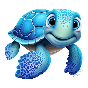 Può includere: Illustrazione di un cartone animato di una tartaruga marina sorridente. La tartaruga ha un guscio e pinne blu con un motivo a pois. Il suo viso è azzurro con grandi occhi amichevoli. La tartaruga è su sfondo bianco.