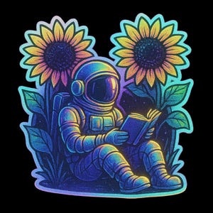 Astronauta galattico in un mare di fiori, seduto tra i girasoli mentre legge un libro. Adesivo a forma di cartone animato resistente alle intemperie: regalo per gli appassionati di libri sullo spazio.