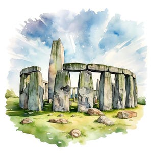 Peut inclure: Illustration à l'aquarelle de Stonehenge, un monument préhistorique. L'œuvre représente le cercle de pierres sous un ciel bleu avec des nuages et des rayons de soleil. Les pierres sont grises et recouvertes de mousse verte, sur un champ herbeux vert.