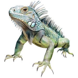 Könnte beinhalten: Detaillierte Illustration einer grünen Leguan mit einem stacheligen Rückenkamm und strukturierter Haut. Der Leguan wird in einer dynamischen Pose dargestellt, die seine Krallen und Schuppen zeigt. Die Farbpalette umfasst Grün-, Blau- und Brauntöne.