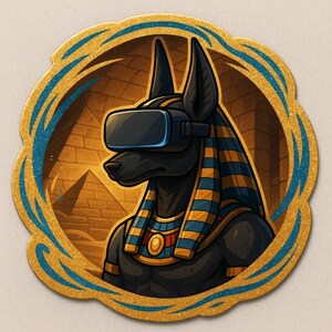 May include: A circular sticker featuring an illustration of Anubis wearing VR goggles. The black dog-headed figure is adorned with blue and gold striped headdress and collar. The background depicts pyramids and a golden frame with blue accents.