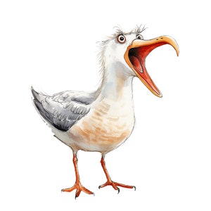 2 pegatinas divertidas de gaviotas, pegatinas de pájaros humorísticos, decoración costera, gaviotas de acuarela, pegatinas de pájaros de dibujos animados, regalo de playa, pegatinas de vida marina