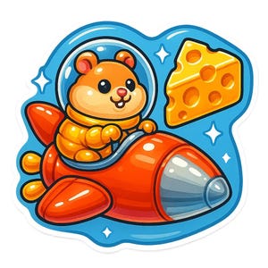 Hámster en el transbordador espacial en una misión de queso – Divertida pegatina de dibujos animados – Resistente a la intemperie – Regalo para fanáticos de los animales, el espacio y el humor