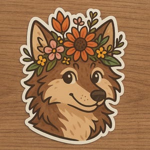 Niedlicher Wolf Sticker mit Blumenkranz – süßer Tieraufkleber Naturmotiv Wolf mit Blumen, niedliches Waldtier Laptop Aufkleber Geschenkidee