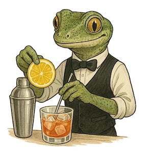 Könnte beinhalten: Illustration eines Frosch-Barkeepers in Weste und Fliege, der einen Cocktail zubereitet. Der Frosch hält eine Zitronenscheibe und einen Rührlöffel über einem Glas mit Eiswürfeln. Ein silberner Cocktailshaker befindet sich links.