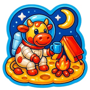 Vaca astronauta en un viaje de campamento lunar – Pegatina divertida de dibujos animados – Resistente a la intemperie – Regalo para amantes del espacio, los animales y el humor