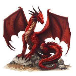Könnte beinhalten: Detaillierte Illustration eines roten Drachen mit großen Flügeln, scharfen Krallen und einem langen Schwanz. Der Drache sitzt auf einem Felsen, die Flügel sind ausgebreitet. Die Schuppen des Drachen sind tiefrot und seine Augen sind ein stechendes Gelb.