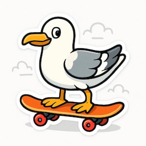 Pegatina de gaviota con patineta – Divertida pegatina para coche – Resistente a la intemperie, genial – Regalo para patinadores, amantes de la costa y amantes de las aves