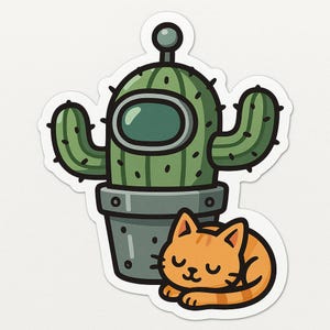 Adesivo Robot Cactus con Gatto - Adesivo Auto Fantasy - Resistente alle Intemperie, Pazzesco - Regalo per Appassionati di Fantascienza, Amanti dei Gatti, Nerd