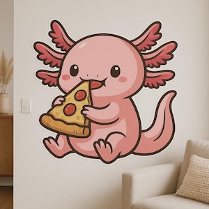 Bonita pegatina de pared de ajolote comiendo pizza: divertido motivo de anfibios para la cocina, la habitación de los niños o la decoración de la autocaravana para los amantes de la pizza y los fans del kawaii.