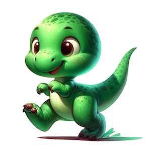 May include: A cheerful, cartoon-style green dinosaur with large brown eyes and a friendly smile. The dinosaur is depicted in a running pose, with its arms and legs extended. The image has a bright, playful aesthetic, perfect for children's products.