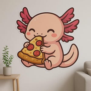 Cute Axolotl eating pizza wall sticker – funny amphibian motif for kitchen, children's room or camper van decoration for pizza lovers and kawaii fans