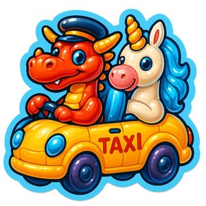 ユニコーンを乗せたタクシー運転手のドラゴン – 面白い漫画ステッカー – 耐候性 – ファンタジー、動物、ユーモアファンへのギフト