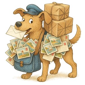 Puede incluir: Ilustración de un perro marrón vestido de cartero. El perro lleva un gorro azul y una bolsa azul llena de postales. Lleva una carta en la boca y paquetes apilados en la espalda.