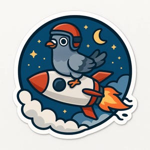 Pegatina de paloma cohete | Paloma de dibujos animados con casco viajando en cohete | Cómic espacial de animales con humor | Pegatina divertida de vuelo
