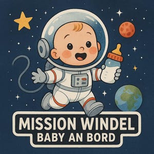Misión Windel – Pegatina de bebé a bordo con un bebé astronauta – Divertida pegatina para el coche para padres – Resistente a la intemperie y con mucho humor