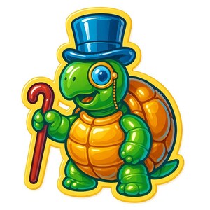 シルクハット、片眼鏡、杖を持ったカメ ステッカーとボーダーとして漫画を作成します ステッカーと同じ色で