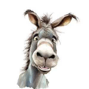 May include: Watercolor illustration of a donkey's head, featuring a friendly expression. The donkey has gray fur, large ears, and a light pink mouth. The artwork is set against a white background, highlighting the animal's features.