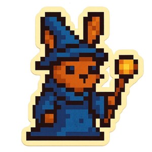 魔法の杖を持つマジシャンのウサギ – かわいい漫画ステッカー – 耐候性 – ファンタジー、動物、ユーモアファンへのギフト