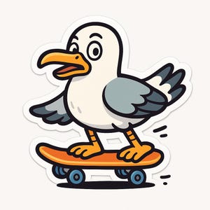 Pegatina de gaviota con patineta – Divertida pegatina para coche – Resistente a la intemperie, genial – Regalo para patinadores, amantes de la costa y amantes de las aves