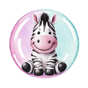May include: A watercolor illustration of a smiling zebra with black and white stripes, pink ears, and a pink nose. The zebra is sitting inside a bubble with pink and blue watercolor hues.