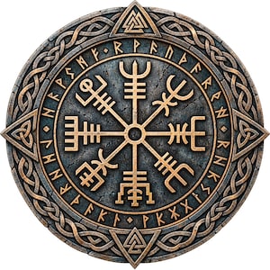 Op de afbeelding: Een ronde wandplaat met een bronskleurig Vegvisir-kompassymbool in het midden, omringd door een ring van runentekens. De buitenrand vertoont een ingewikkeld gevlochten knooppatroon met driehoekige accenten.