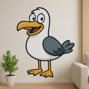 Sticker mural drôle de mouette de dessin animé - Oiseau ludique dans un style comique pour la décoration de salle de bain, de chambre d'enfant ou de camping-car fans côtiers amoureux des animaux