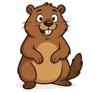 May include: A cartoon illustration of a smiling groundhog. The groundhog is brown with a lighter brown belly and a small, dark brown tail. It has large, round eyes, a pink mouth, and two large front teeth.