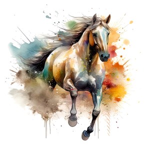 Könnte beinhalten: Ein Aquarellbild eines braunen und weißen Pferdes, das durch ein Feld mit bunten Blumen rennt. Die Mähne und der Schweif des Pferdes wehen im Wind. Der Hintergrund ist ein verschwommener Farbfleck, der ein Gefühl von Bewegung erzeugt.