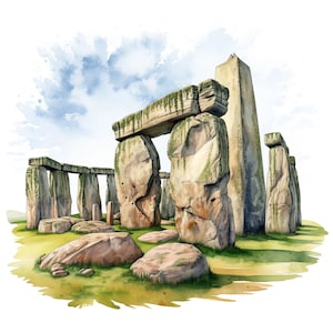Peut inclure: Illustration à l'aquarelle de Stonehenge, représentant les grandes structures en pierre patinée. L'œuvre d'art représente le monument emblématique avec un premier plan herbeux, un ciel bleu et des nuages. Les pierres sont couvertes de mousse.