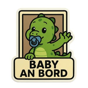 Naklejka na samochód „Baby on Board Dino” – słodka naklejka na samochód z kreskówkowym dinozaurem i smoczkiem – odporna na warunki atmosferyczne i idealna dla rodziców