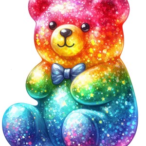 Puede incluir: Ilustración de un oso de peluche brillante y colorido. El oso es un arcoíris de colores, con tonos rojos, naranjas, amarillos, verdes, azules y morados. Tiene una pajarita azul y una cara sonriente. La imagen es una representación artística y caprichosa.