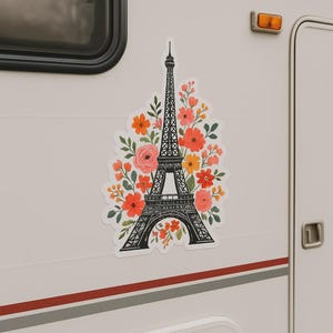 花のエッフェル塔ステッカー。花の要素が入ったロマンチックなパリステッカー。ノートパソコン、車、キャンピングカー、旅行、フランスへのギフトに。