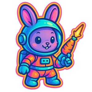 Conejito astronauta con pistola espacial de zanahoria – Pegatina divertida de dibujos animados – Resistente a la intemperie – Regalo para amantes del espacio, los animales y el humor