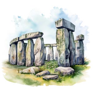 Peut inclure: Illustration à l'aquarelle de Stonehenge, un monument préhistorique. L'image représente le cercle de pierres emblématique avec de grandes pierres patinées, certaines surmontées de linteaux horizontaux. De l'herbe verte et de petites fleurs blanches entourent les pierres sous un ciel bleu nuageux.