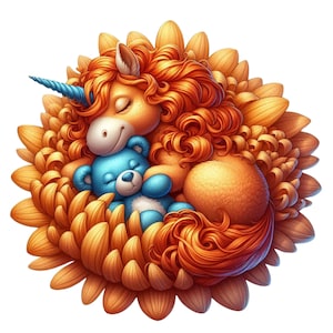 Puede incluir: Una ilustración caprichosa de un unicornio durmiente con pelaje naranja, un cuerno azul y un osito de peluche azul acurrucado en una gran flor naranja. El unicornio y el osito de peluche se abrazan, creando una escena acogedora.