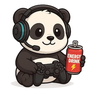 Puede incluir: Un panda de dibujos animados con auriculares y micrófono, sosteniendo un mando de videojuegos negro y una lata de bebida energética roja. La lata de bebida energética tiene las palabras "ENERGY DRINK" y un rayo.